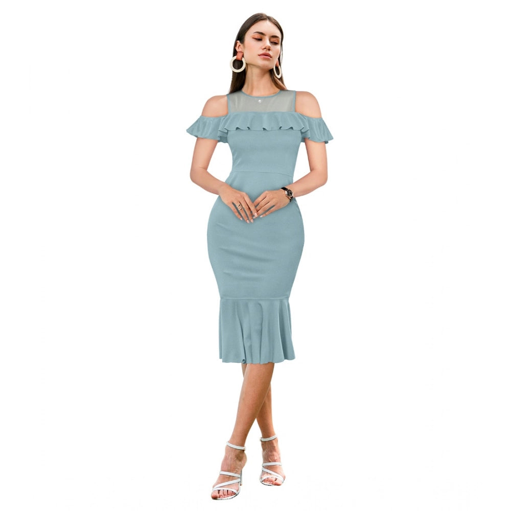 Aqua knitted round-neck sleeveless dress with solid color