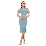 Aqua knitted round-neck sleeveless dress with solid color