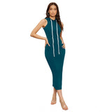 A turquoise knit dress with a round neck, sleeveless style
