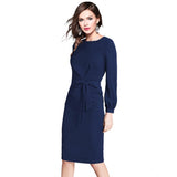 Dark blue knit dress, round neck, full sleeves