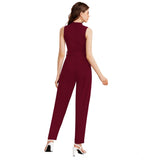 Maroon knit jumpsuit with solid round neck and sleeveless, women's fashion