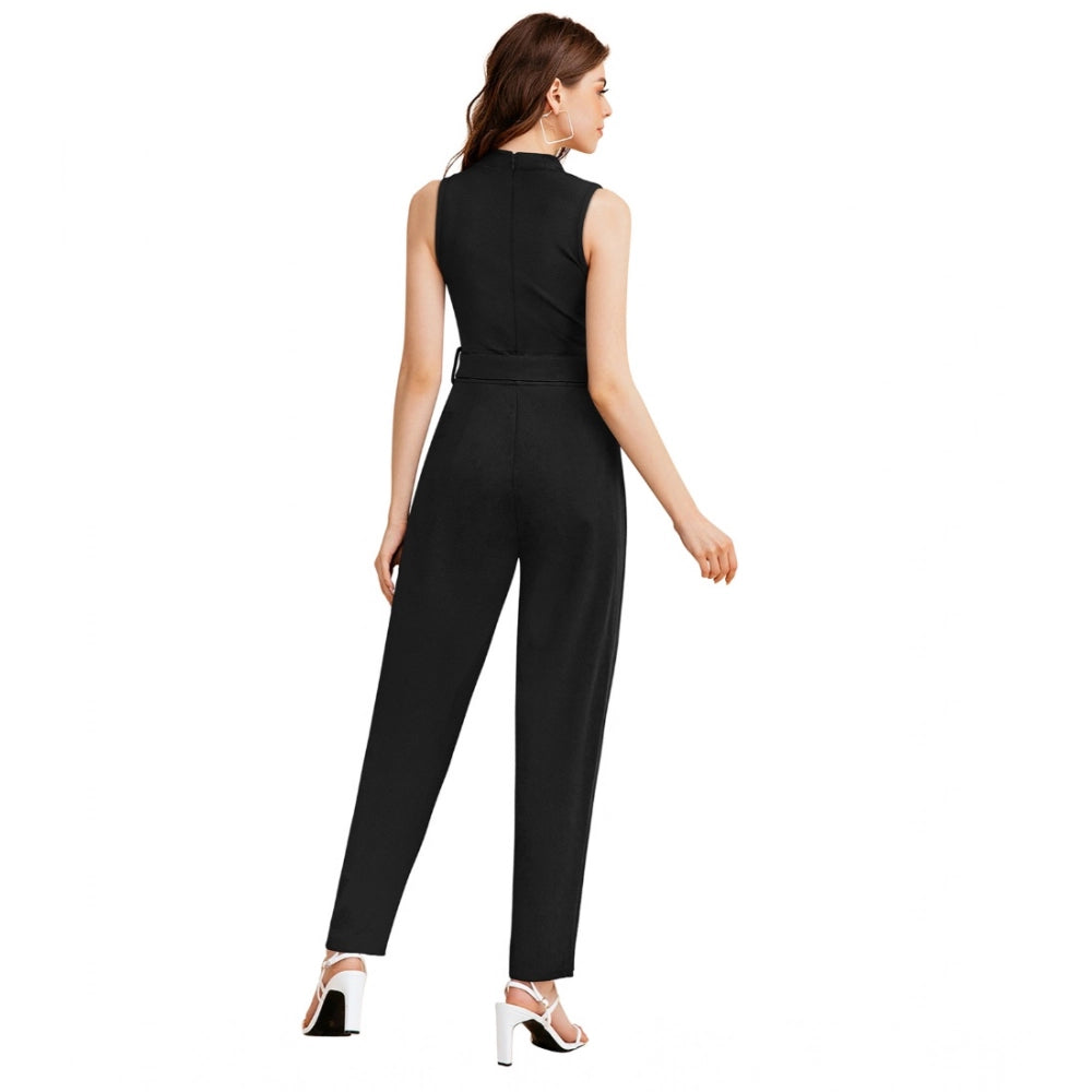 Black knitting stretchable solid round neck sleeveless jumpsuit for women, full length style