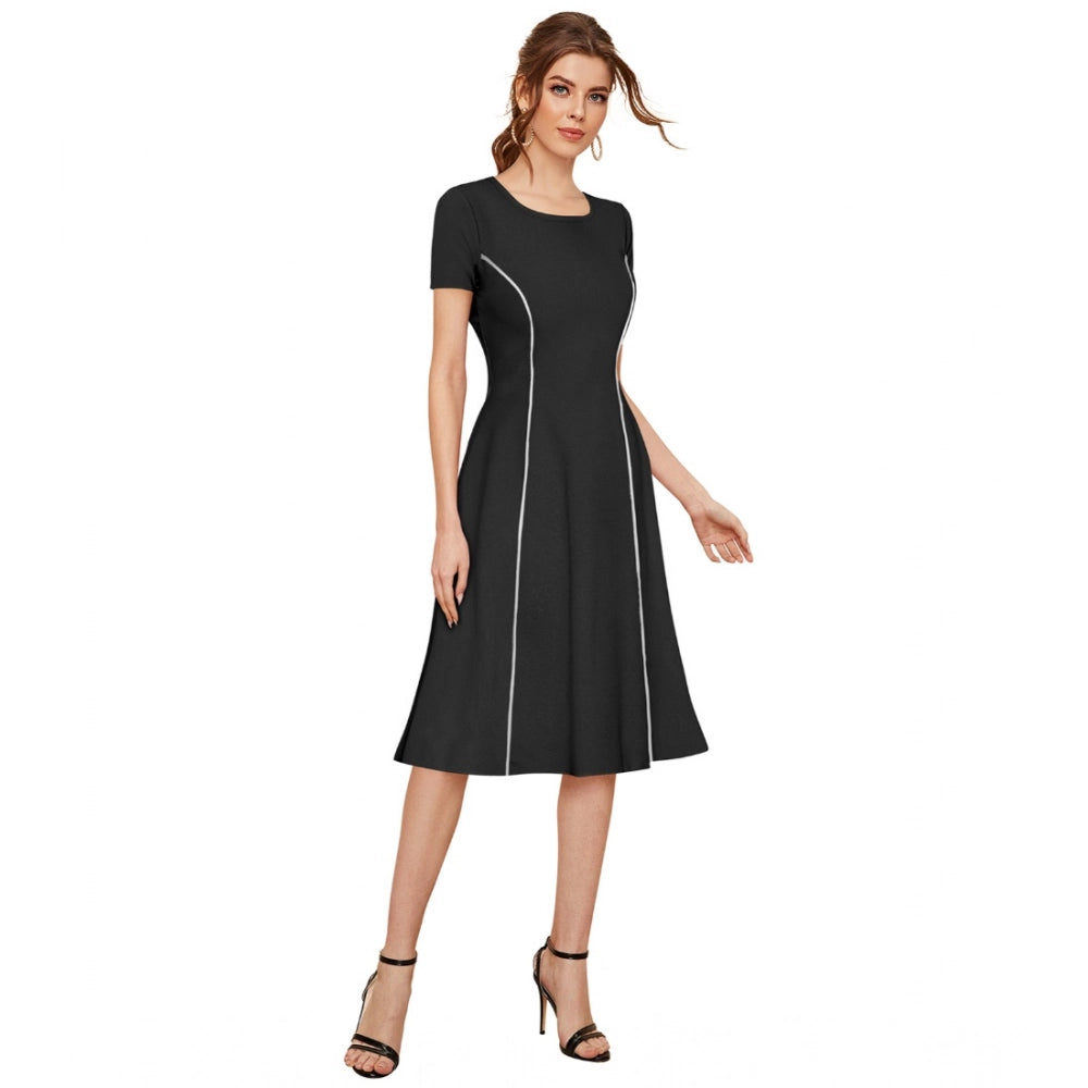 Women's knitted strapless solid round neck cap sleeve dress, black