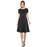 Black knitted dress with round neck and cap sleeves