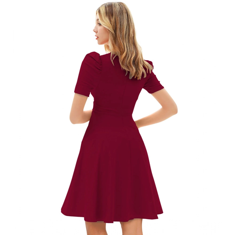Women's maroon knit dress with v-neck and cap sleeves
