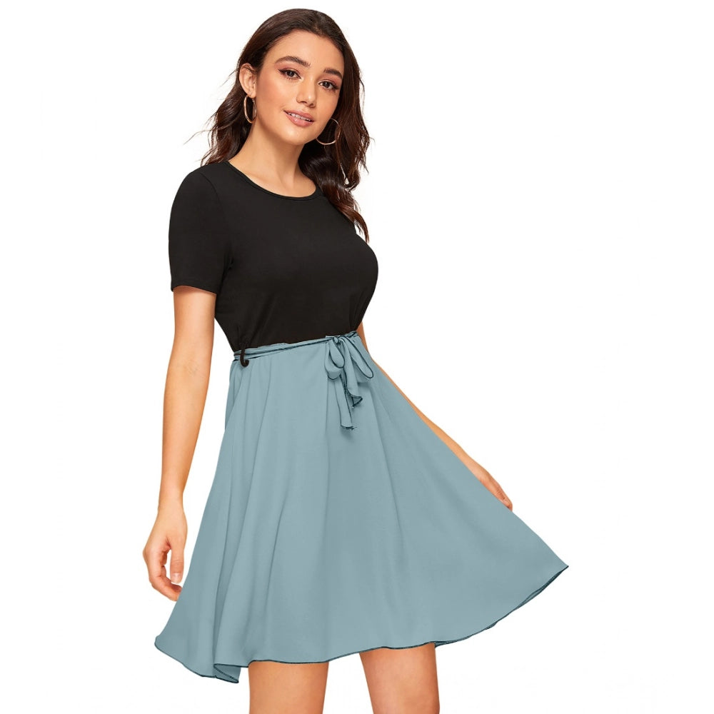 Light blue women's dress with ruffled waist and cap sleeves
