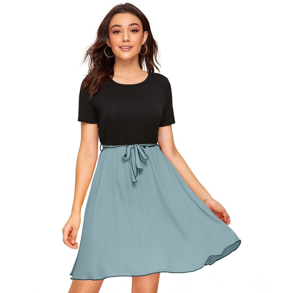 Black, knit, round neck, cap sleeve, knee length dress