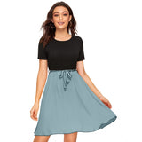 Black, knit, round neck, cap sleeve, knee length dress