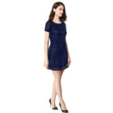 Women's Rasal Solid Round Neck Cap Sleeve Dress (Blue)