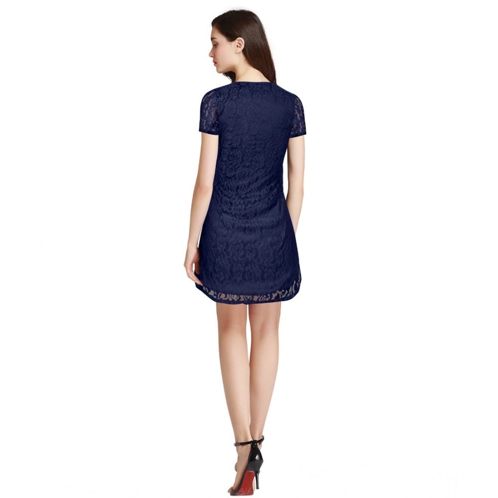 Womens blue lace cap sleeve round neck dress