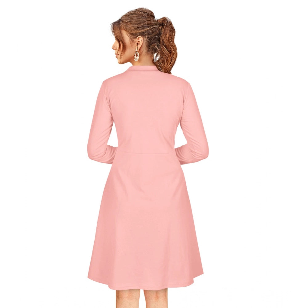Ladies' knitted long-sleeved peach dress with full length, round neckline