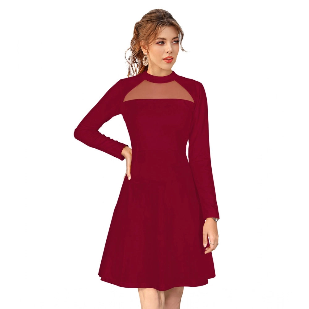 Maroon knitting stretchable full sleeve dress, solid design for women's casual wear