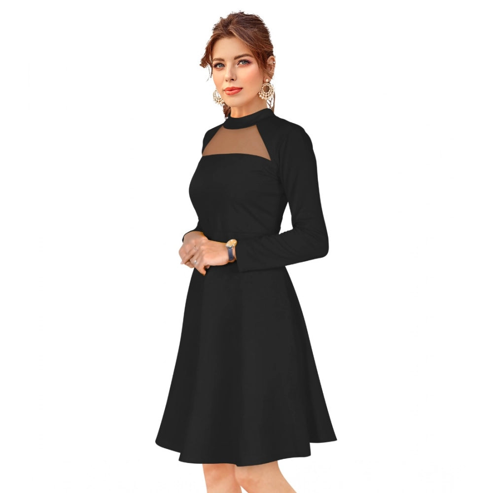 Black knitting stretch dress with round neck and full sleeves