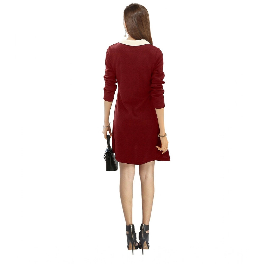 Maroon polyester solid collar 3/4th dress - versatile women's fashion clothing for everyday wear (knee length)