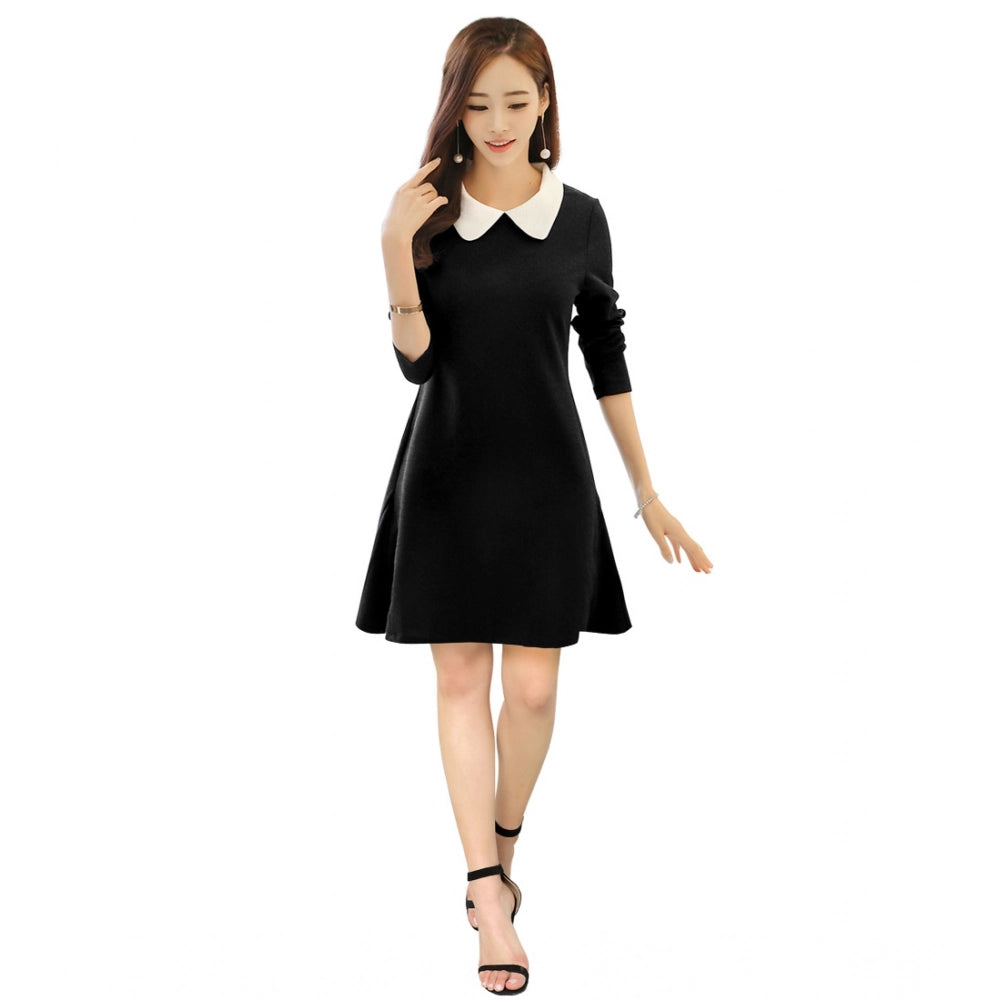 Women's solid black polyster dress, collared, 34th style