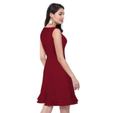 Maroon polyster solid round neck sleeveless dress