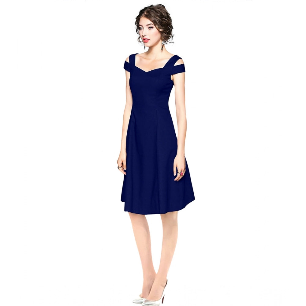 Blue polyester solid v-neck cap sleeve off-shoulder dress