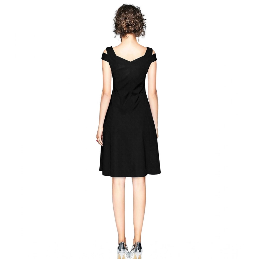 A sleeveless black polyster V-neck dress with a cap sleeve design, shown from the back on a stand
