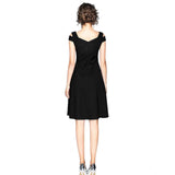 A sleeveless black polyster V-neck dress with a cap sleeve design, shown from the back on a stand