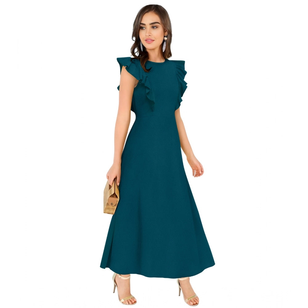 Navy blue knit dress with ruffle sleeves and round neckline