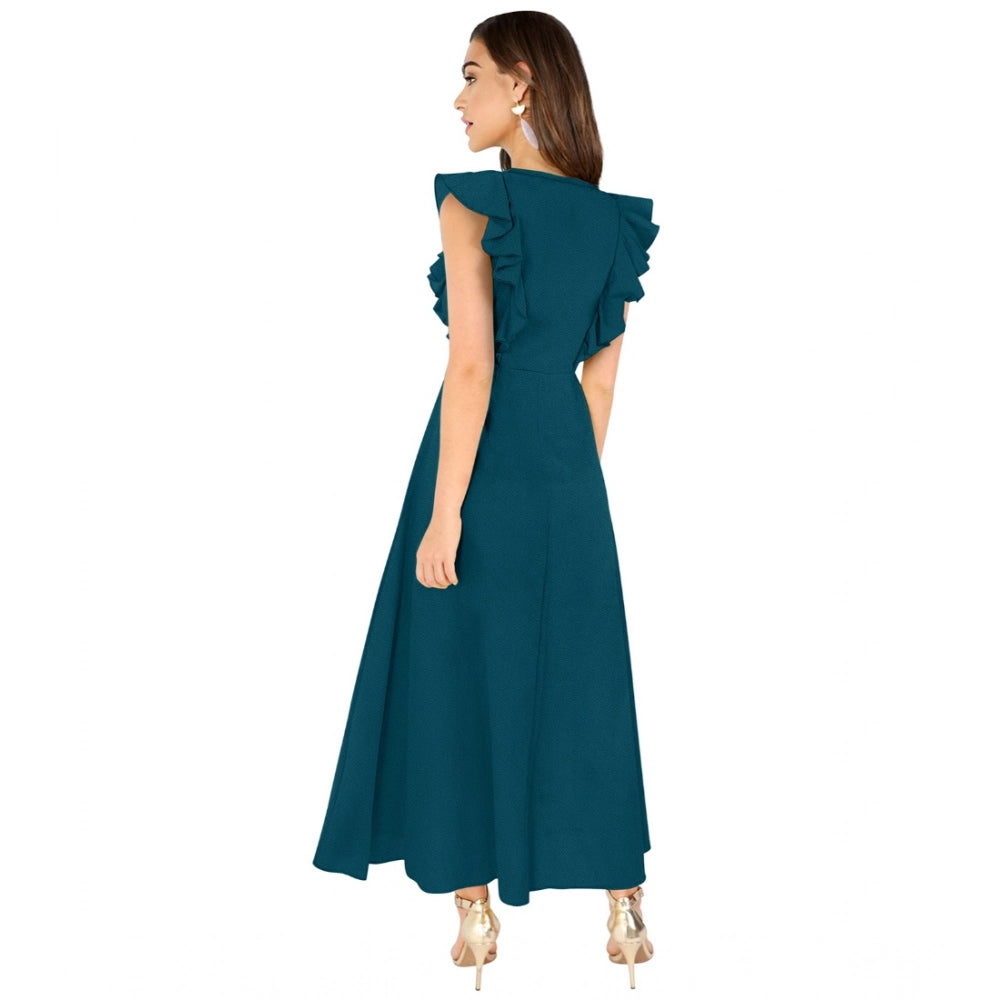 Blue ruffled sleeve, round neck knitted dress by Morpich