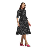 Women's Ruby Cotton Printed Shirt Collar 3-4th Sleeve Dress (Black)