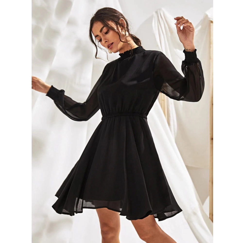 Women's Fox Georgette Solid High Neck Full Sleeve Dress (Black)