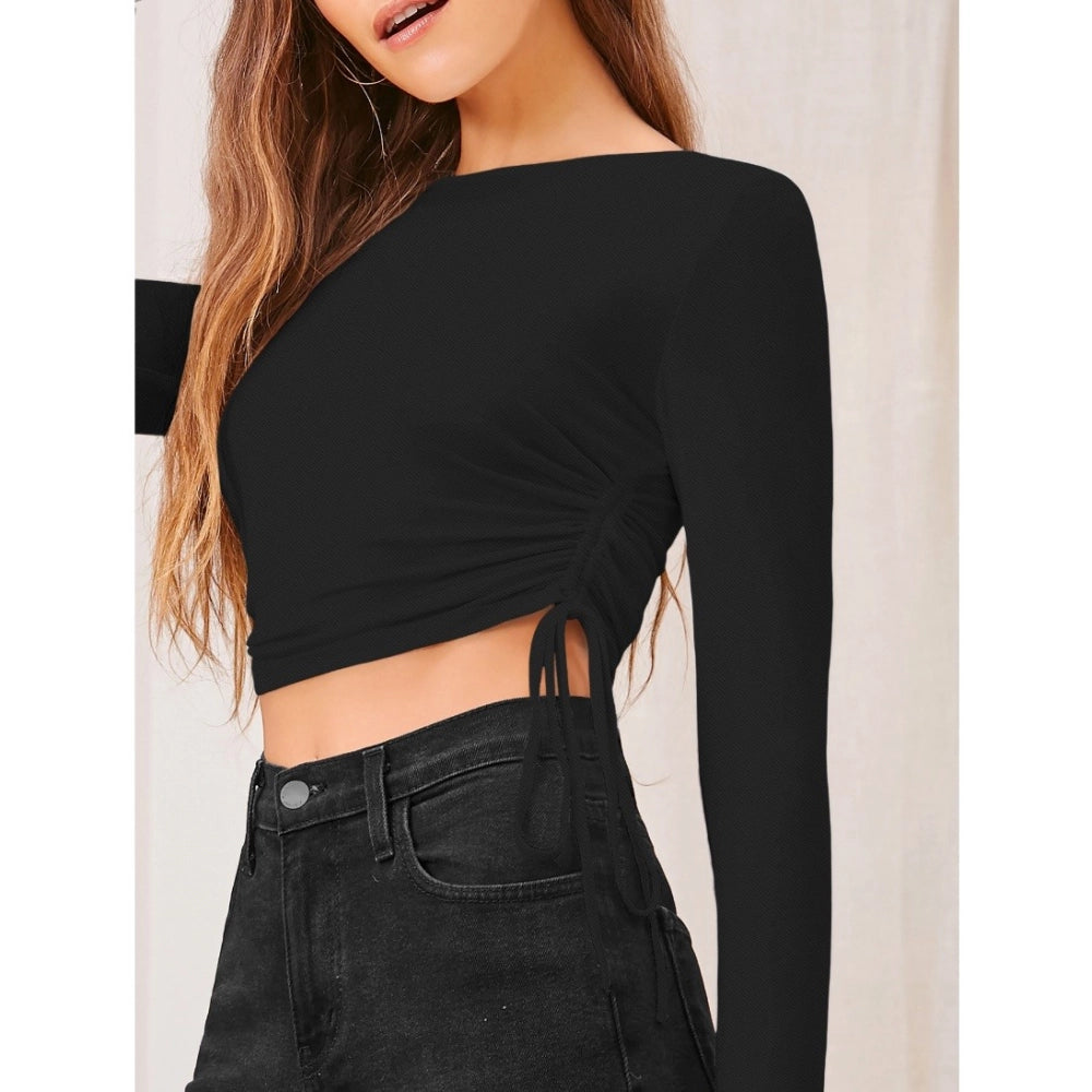 Black polyester women's solid round neck full sleeve top (solid) on hanger