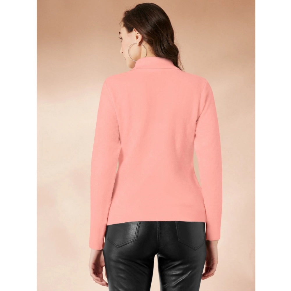 Peach polyester women's high neck full sleeve T-shirt