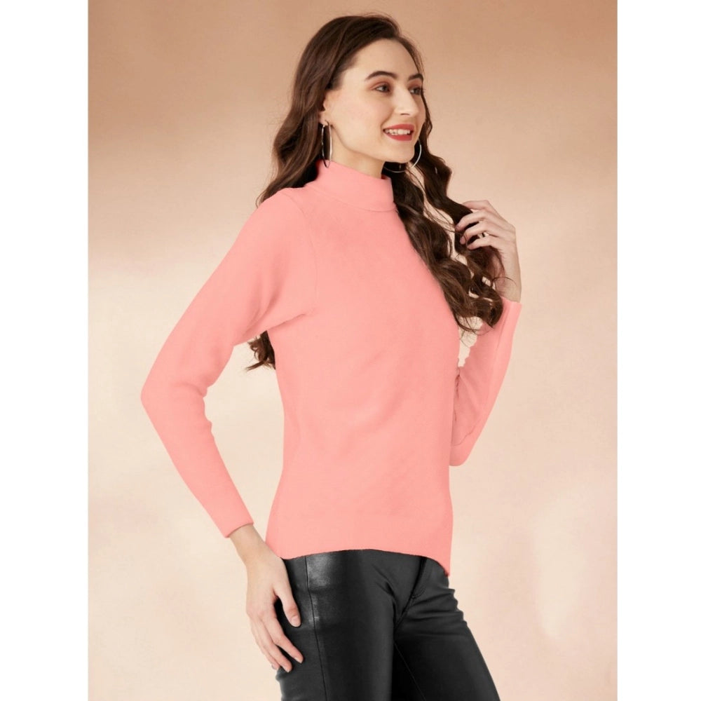 The image features a woman wearing a peach, long-sleeve high neck T-shirt