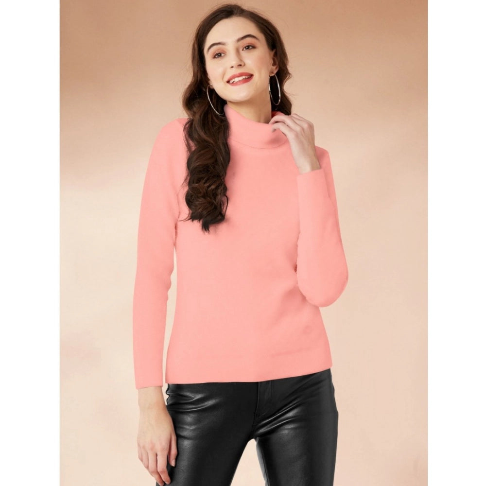 The image depicts a woman wearing a solid peach high-neck, full-sleeve t-shirt