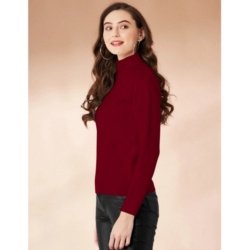 Maroon polyester women's high neck full sleeve t-shirt