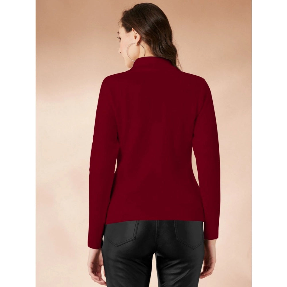 Maroon polyester women's high neck full sleeve t-shirt