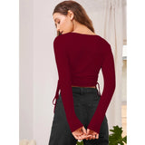 Maroon polyester women's solid round neck full sleeve top - vibrant maroon clothing on model