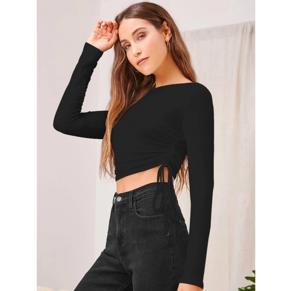 Black polyester women's round neck full sleeve top, solid design for casual wear