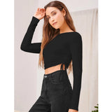 Black polyester women's round neck full sleeve top - solid design, suitable for casual wear