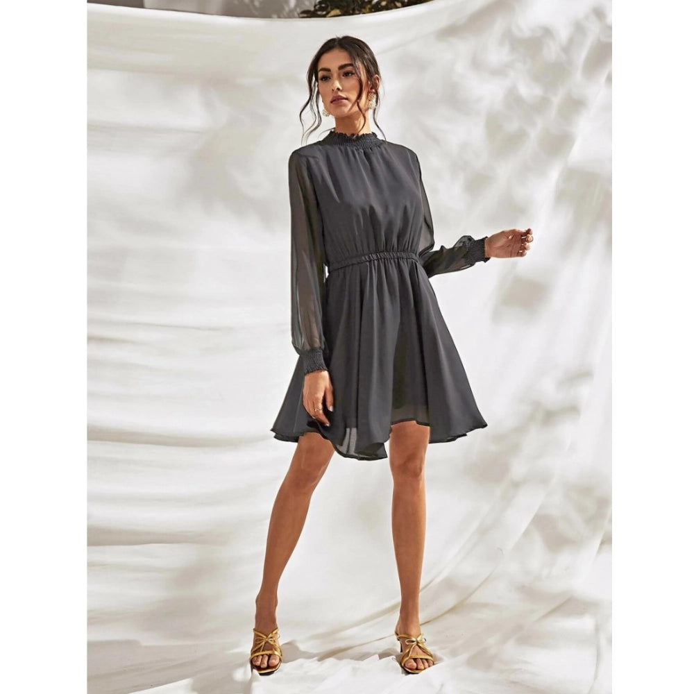 Grey Fox Georgette solid high neck full sleeve women's dress, formal wear on mannequin