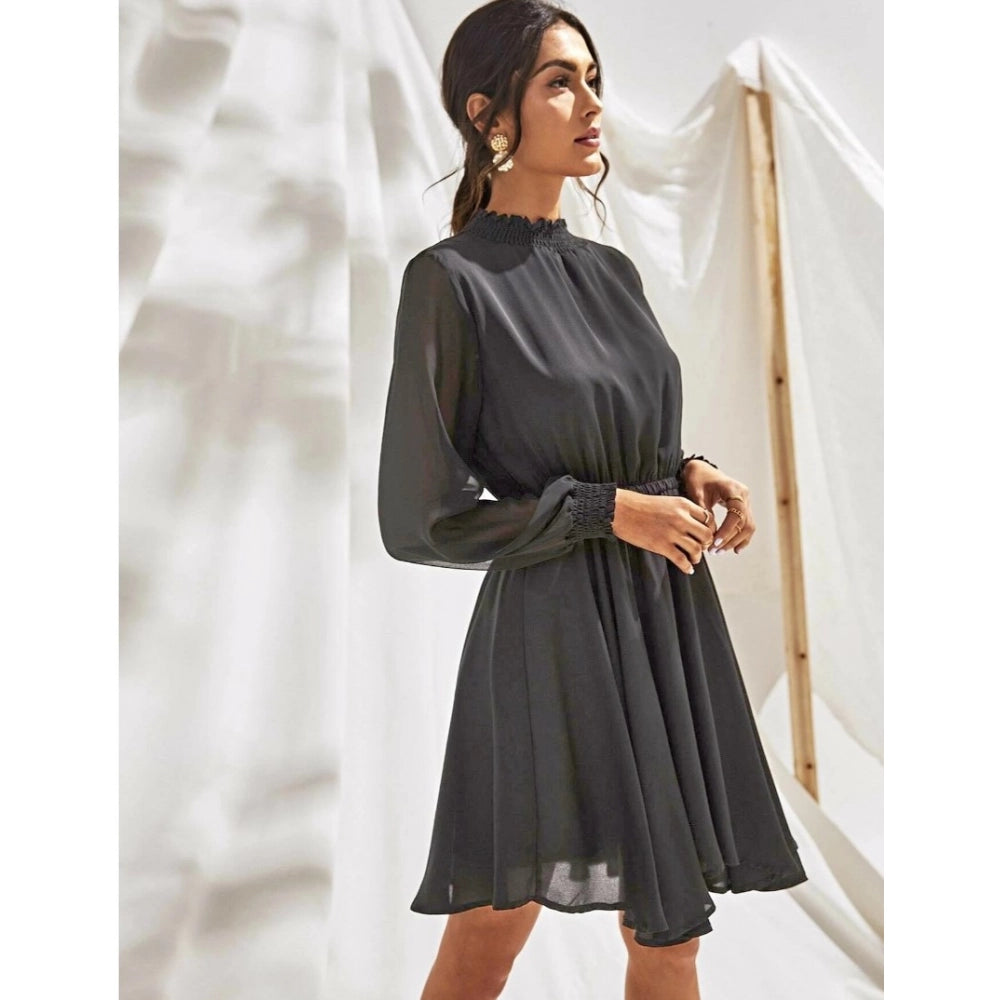 Grey fox georgette solid high neck full sleeve dress, formal women's evening wear on mannequin