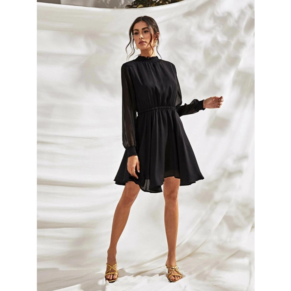 Black fox georgette solid high-neck full sleeve dress, fashionable formal wear for women