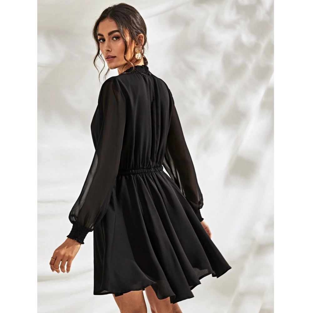 Black solid high neck long sleeves dress