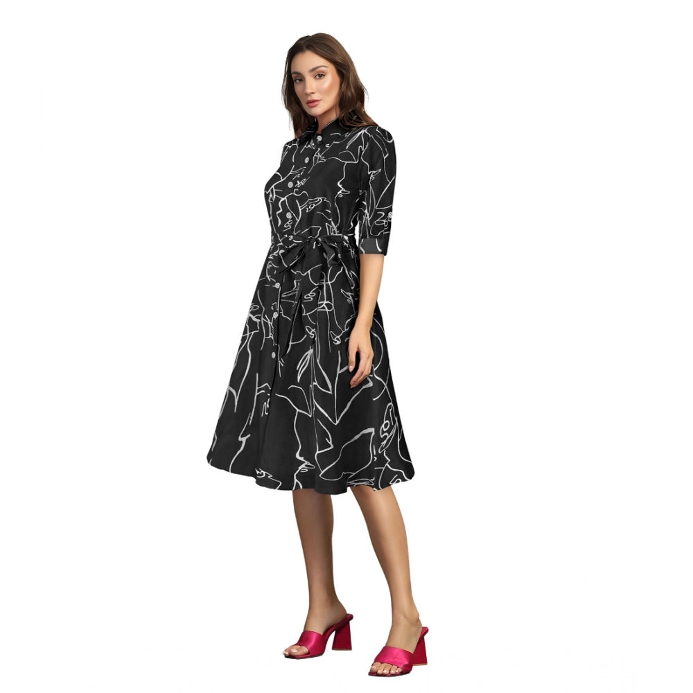 Womens long sleeve dress, black cotton print, collared, 34th sleeve, red heel shoes