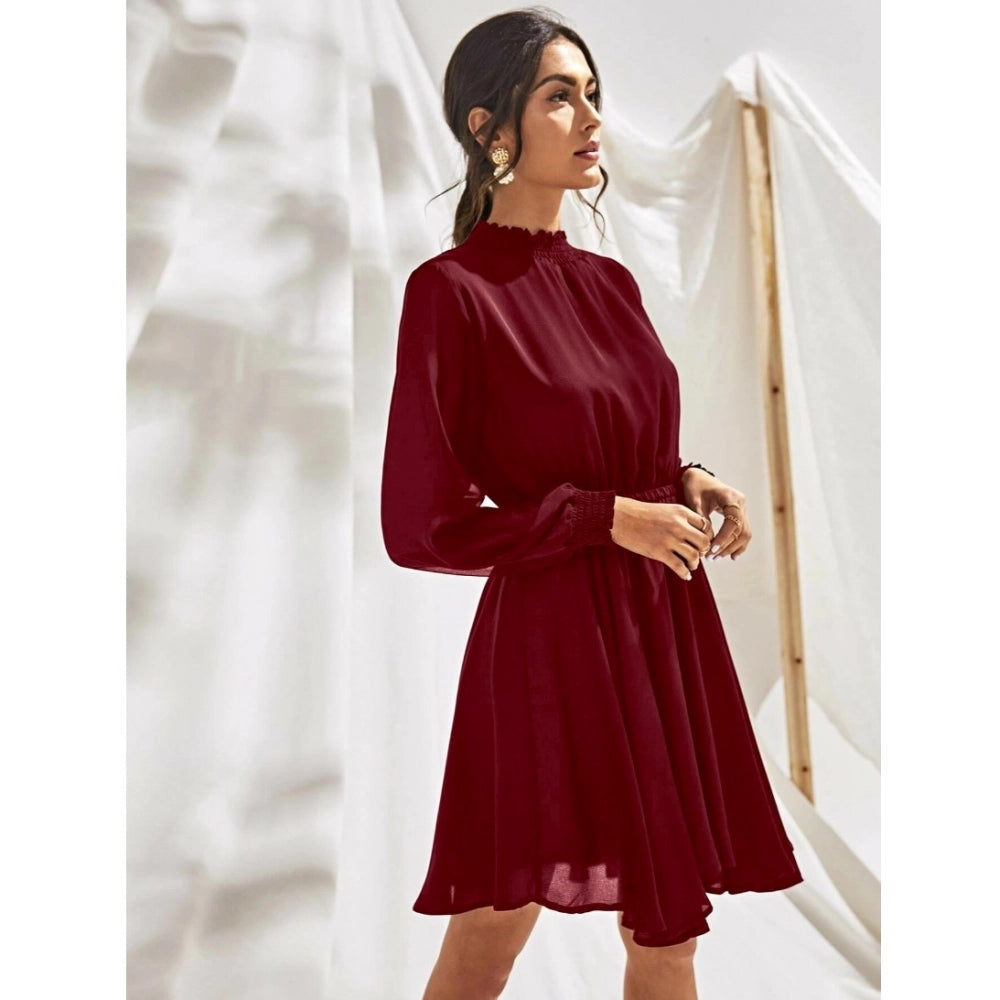 Red velvet, high neck, long sleeves dress
