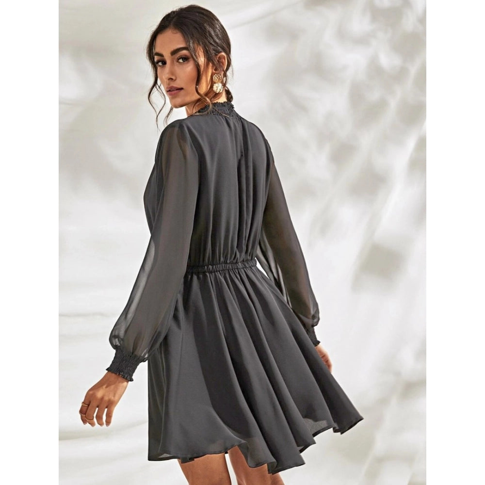 Grey Fox Georgette women's high neck full sleeve dress - solid pattern fashion wear on model
