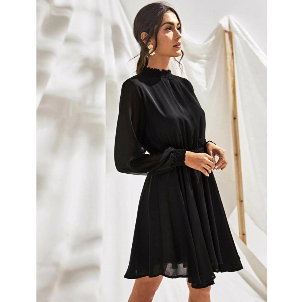 Black Fox Georgette solid high-neck full sleeve dress - elegant women's formal wear