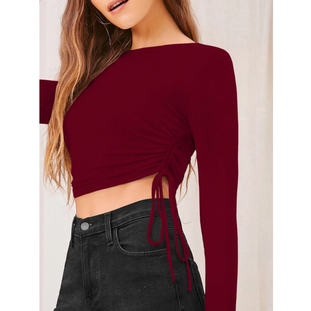 Maroon polyester solid round neck full sleeve top for women, wearable fashionable attire on flat surface