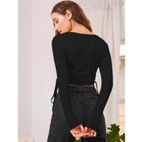 Black polyester women's full sleeve round neck top - solid design on fashion mannequin