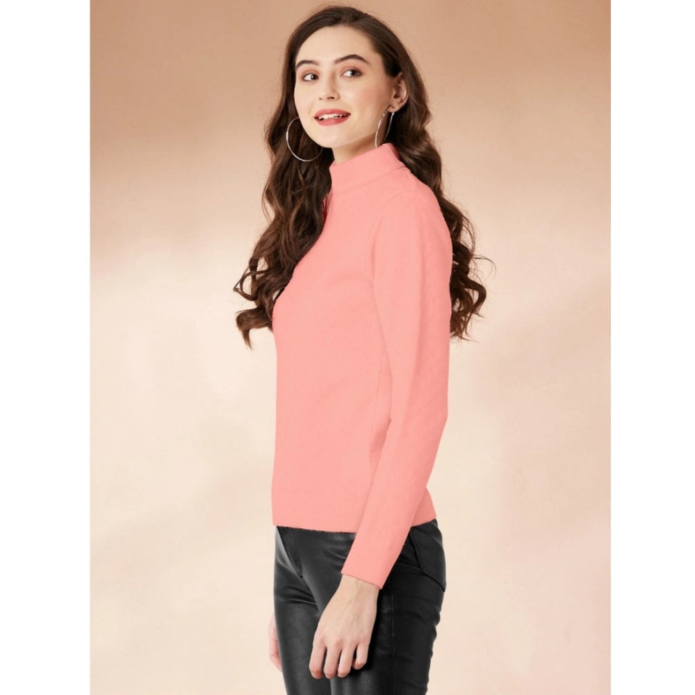 Peach polyester high neck full sleeve women's t-shirt