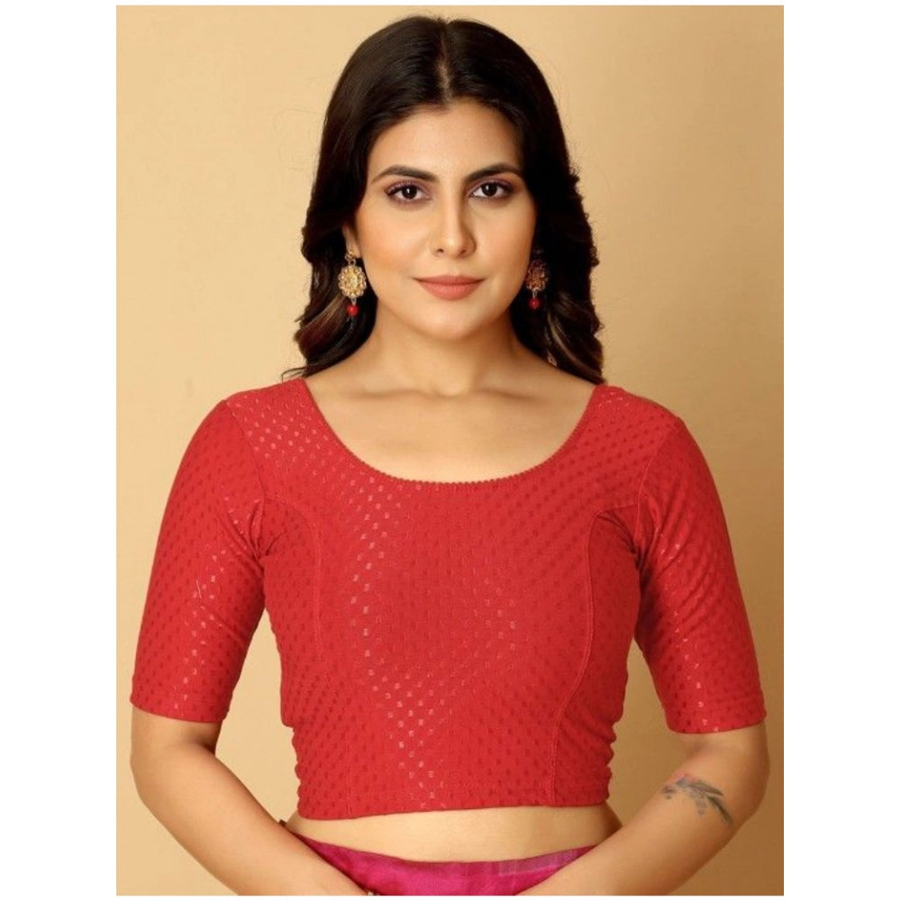 Red hosiery printed short sleeves crop blouse set, non-padded and slip-on design for women