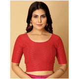 Red hosiery printed short sleeves crop blouse set, non-padded and slip-on design for women