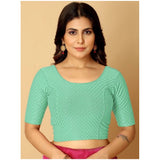 Teal printed hosiery crop blouse set - women's non-padded short sleeves round neck blouses, slip-on style